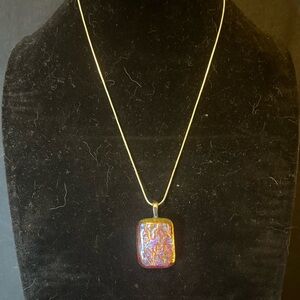 Iridescent Dichroic Fused Glass Pendant on Sterling Snake Chain Necklace